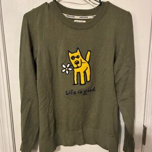 Life is Good Olive Green Sweater with Yellow Dog Design
